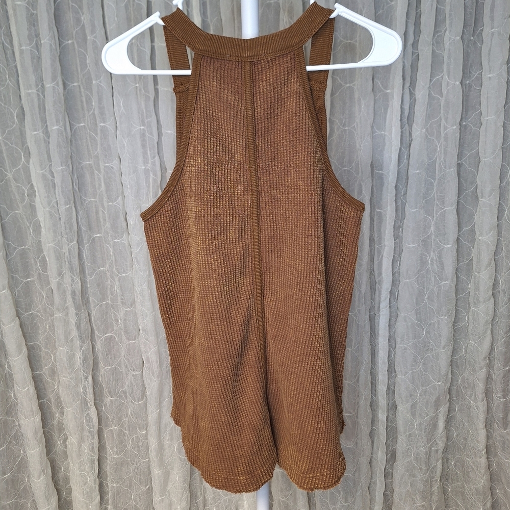 White BirchBrown Mineral Wash Waffle Knit Fray Rounded Hem Tank 100% Cotton - Picture 7 of 8